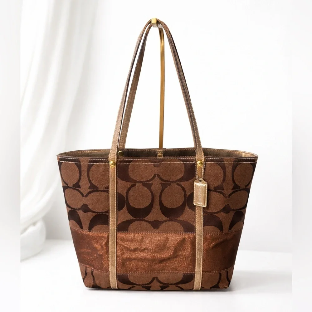 COACH Signature Stripe Tote Bag Brown Canvas Metallic Copper Trim Handbag